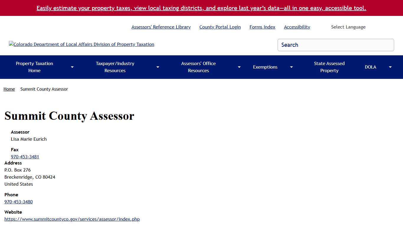 Summit County Assessor Colorado Department of Local Affairs Division of Property Taxation